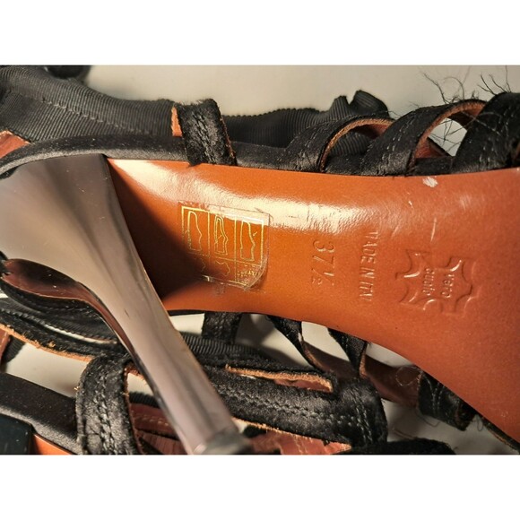 LANVIN Size 37.5 EU/7 US  Black Satin Strappy 3.75" Stiletto Sandals Ribbon Bow - Picture 11 of 12